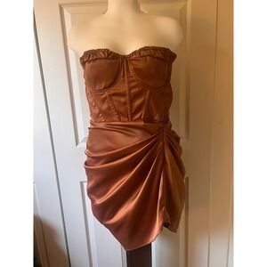 Copper Satin Corset Mini Dress Ruched Asymmetrical Hem Rust Cocktail Wedding